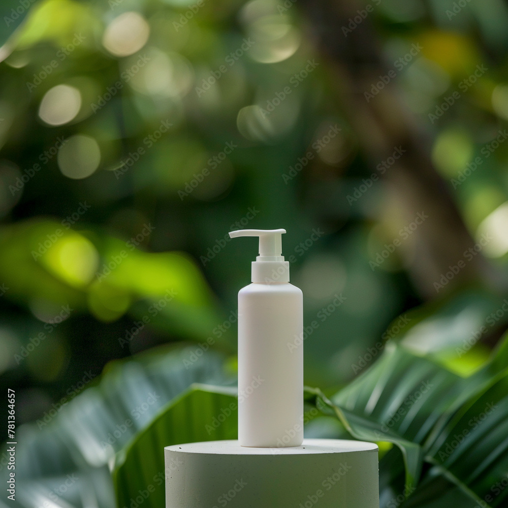 Stylish shampoo stand, small white bottle in the center against a background of lush greenery Stylish shampoo stand, small white bottle in the center against a background of lush greenery