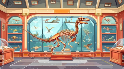 A dinosaur skeleton found in a museum of history, along with pterodactyl fossils and ancient artefacts displayed in a paleontological exhibition. Paleontology archeology science cartoon illustration. photo