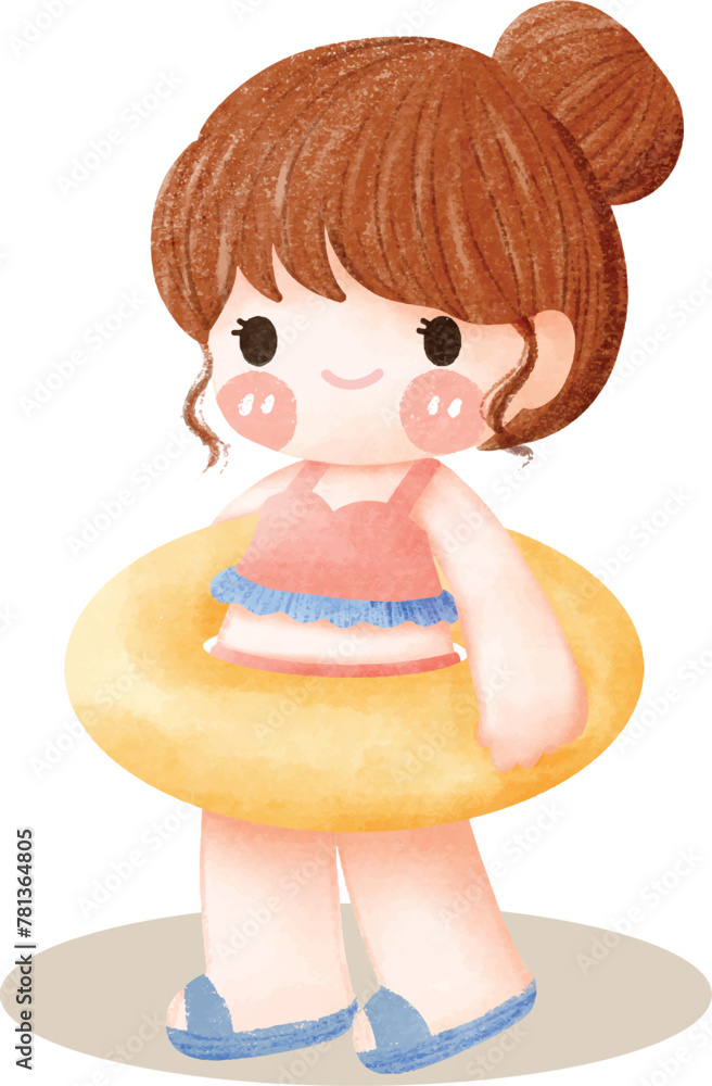 Cartoon drawing a girl with swimming ring Cartoon drawing a girl with swimming ring