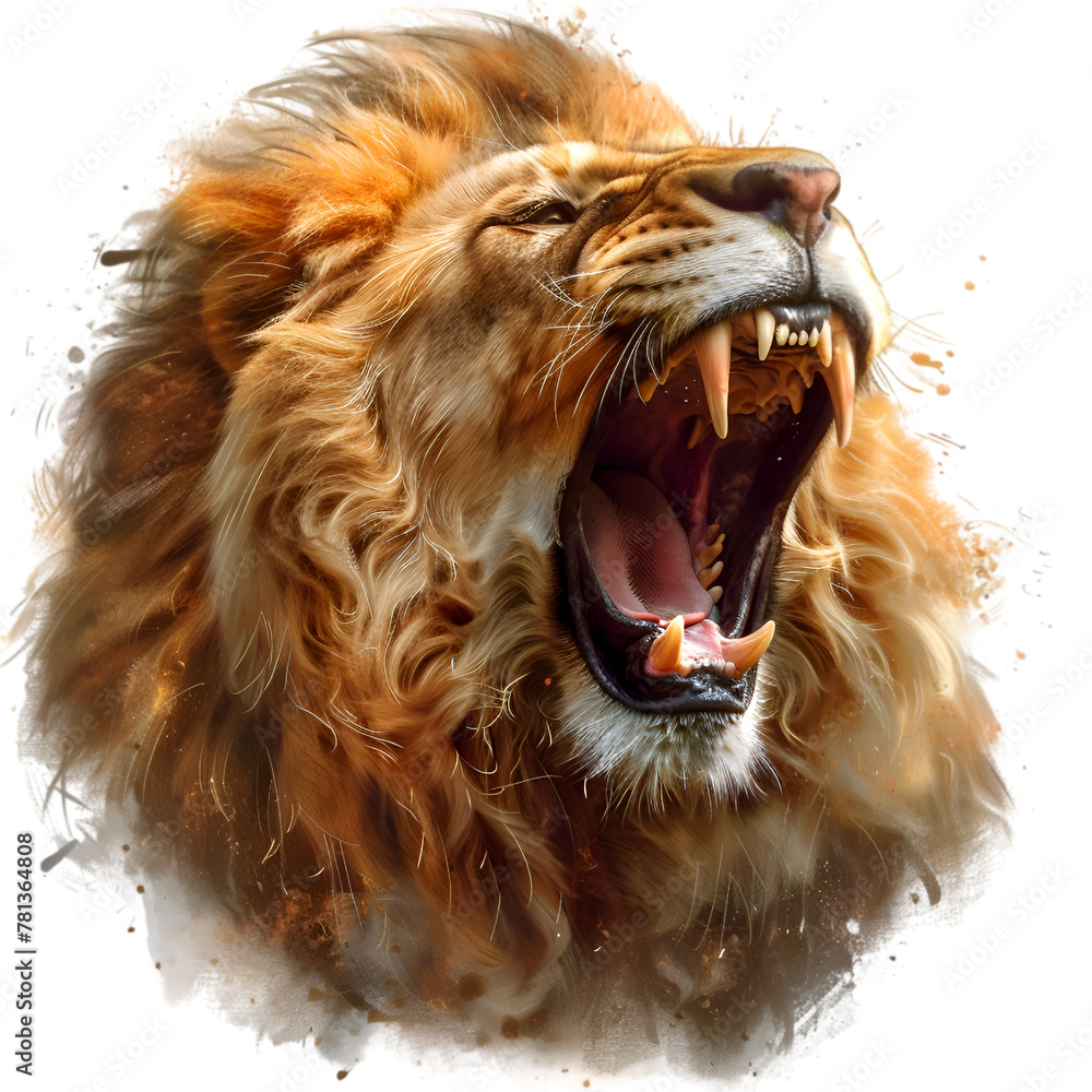 A lion is roaring with its mouth wide open. The lion's teeth are ...