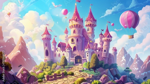 An air balloon in the sky and flying turrets on a pink magic castle in the mountains. Fantasy architecture modern illustration with flying turrets in the sky.