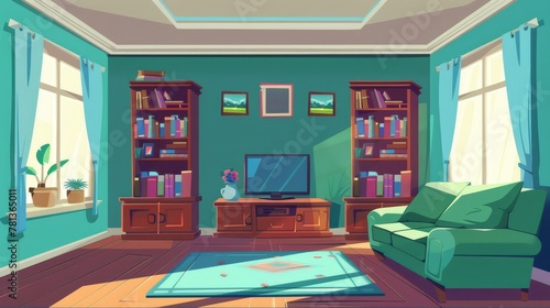This cartoon illustration shows a living room interior with a couch and television on the wall, bookshelves, and couches. It also shows a small apartment with a cozy seat in front of a television set