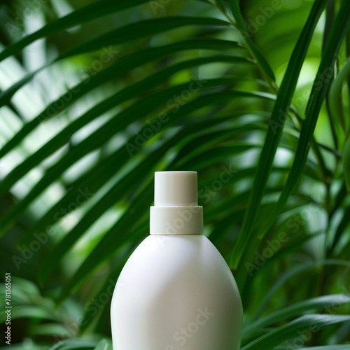 Stylish shampoo stand, small white bottle in the center against a background of lush greenery © Ricardo Costa