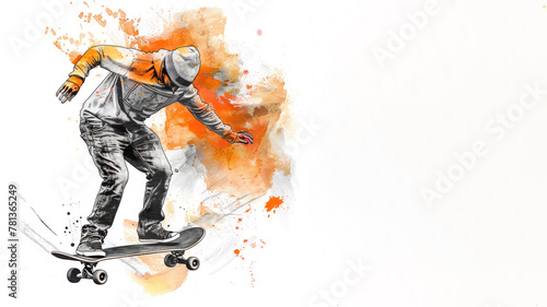 Orange watercolor of skateboard player in action performing trick