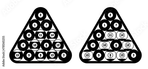 Billiard balls for billiard triangle. Billiard table or snooker table with cues and balls rack. Pyramid of billiard balls for pool table with cue and ball. Sport game tools. Balls racks.