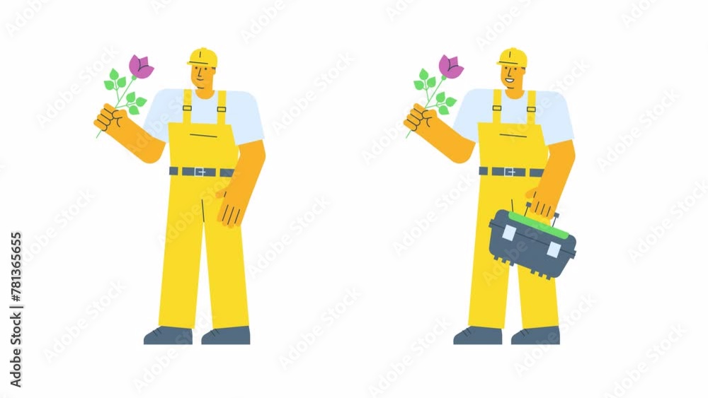 Builder holding flower and holding suitcase. Alpha channel Builder holding flower and holding suitcase. Alpha channel