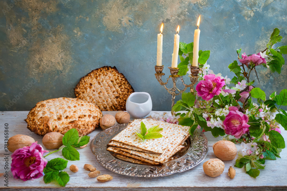 Jewish traditional holiday with Passover unleavened bread Matzah Pesach celebration a ritual AI Generative - obrazy, fototapety, plakaty 