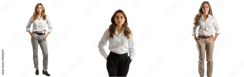 relaxed business woman standing with hands in her pockets - obrazy, fototapety, plakaty 