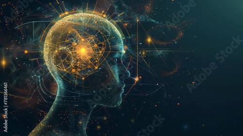 A head with a glowing brain surrounded by a galaxy of stars. Concept of wonder and curiosity about the mysteries of the universe and the human mind photo