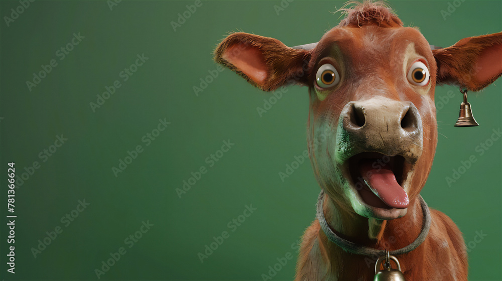 Brown cow with a bell necklace, shocked facial expression and looking stupid sticking out its tongue, plain green background. - obrazy, fototapety, plakaty 