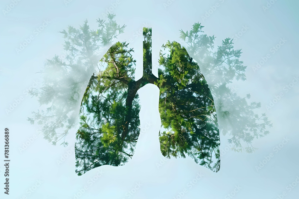 Human lungs made of fresh green forest silhouette double exposure on blue sky background, The importance of clean air, Solving air pollution problems - obrazy, fototapety, plakaty 