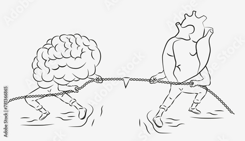 Abstraction of struggle. Brains and hearts are a tug of war. Tug of war brain heart.