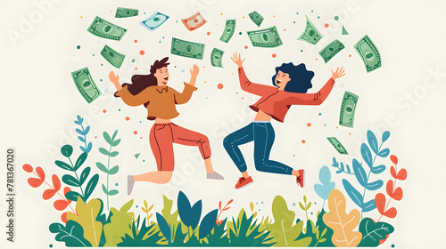 Vector illustration of two people jumping with money falling from the sky, in the flat design style, colorful background, cheerful mood, fun vibe