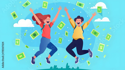 Vector illustration of two people jumping with money falling from the sky, in the flat design style, colorful background, cheerful mood, fun vibe