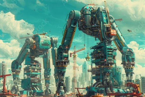 A group of construction robots, working together to erect towering skyscrapers in a bustling cityscape photo