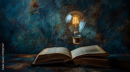 Glowing Lightbulb Floating Over Ancient Open Book in Mysterious Dark Room Symbolizing Knowledge and