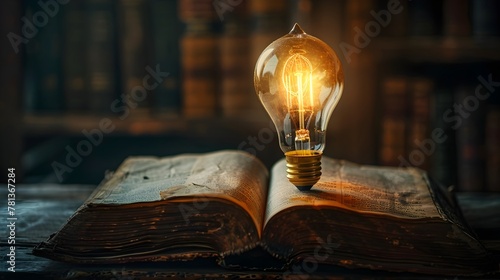 Glowing Lightbulb Floating Above an Antique Open Book in a Dimly Lit Room Symbolizing Knowledge Wisdom and Innovative Thinking photo