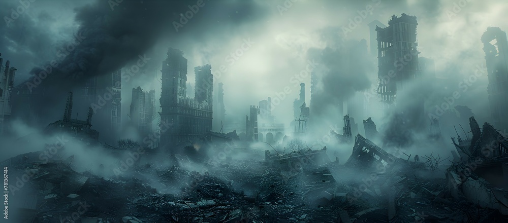 Smoldering Ruins of a Decimated City Under a Smoke Filled Ominous Sky in the Aftermath of a Brutal Battle Smoldering Ruins of a Decimated City Under a Smoke Filled Ominous Sky in the Aftermath of a Brutal Battle