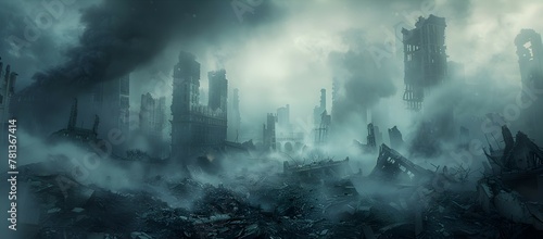 Smoldering Ruins of a Decimated City Under a Smoke Filled Ominous Sky in the Aftermath of a Brutal Battle photo
