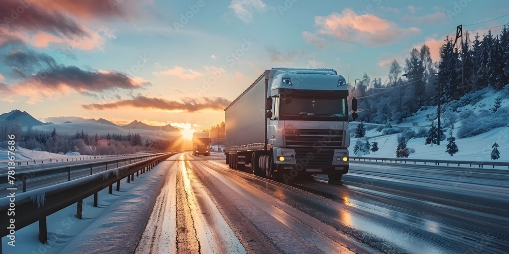 Refrigerated Truck Transporting Perishable Goods on Snowy Mountain Highway