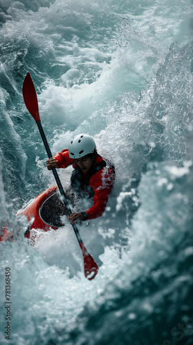 Kayaker navigating turbulent waters  focused and determined  with red paddle. Kayaking sport