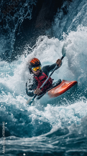 Concentrated man, kayaker in motion on rushing water, navigating boat with red paddle. Focus, strength and challenge