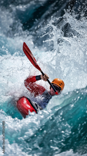 Concentrated man, kayaker in motion on rushing water, navigating boat with red paddle. Focus, strength and challenge