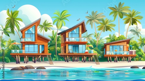 Beach resort bungalows in tropical summer with a view of the ocean  palm trees and wooden private villas. Cartoon modern illustration.