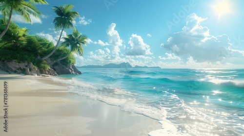 A serene tropical beach with palm trees swaying gently in the warm breeze.