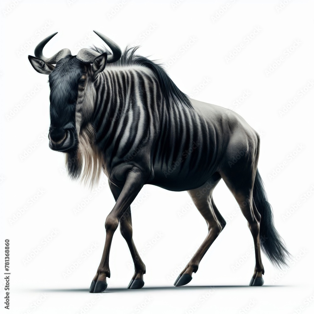 Image of isolated wildebeest against pure white background, ideal for presentations

