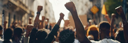 A crowd of people are holding up their hands in the air by AI generated image photo