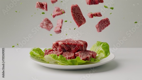 Top view, raw waku steak in white plate, table set. Large pieces of fresh meat and fresh lettuce falling from the air into a white plate. photo