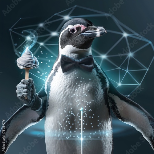 A close-up of a penguin in a bow tie running a successful chain of chilly-themed ice cream shops photo