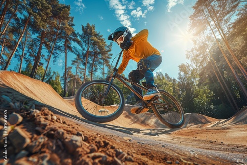 A skilled BMX rider is seen navigating through a series of challenging obstacles in a motocross park.