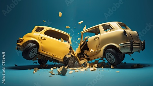 3D illustration,  two cars in yellow and blue being hit by one another. photo
