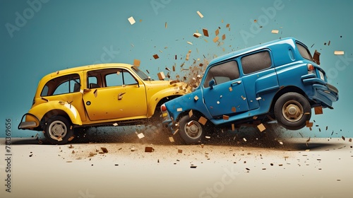 3D illustration   two cars in yellow and blue being hit by one another.