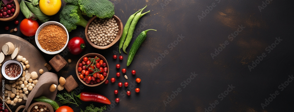 Wide view from above banner image of Vegetarian Day food banner with different types of vegetables and fruit items in a manner on black color wooden table with copy space Wide view from above banner image of Vegetarian Day food banner with different types of vegetables and fruit items in a manner on black color wooden table with copy space