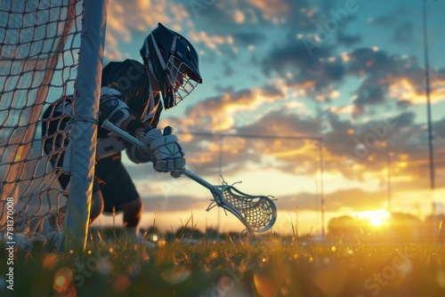 A lacrosse player scoring a goal during a sunset game on a grass field. photo