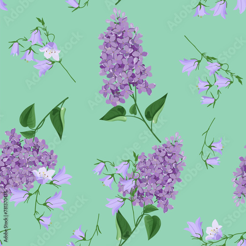 Seamless vector illustration with lilac and campanula