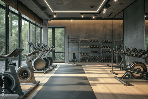 Gym interior with modern fitness room a various sport equipment AI Generative © ungvar