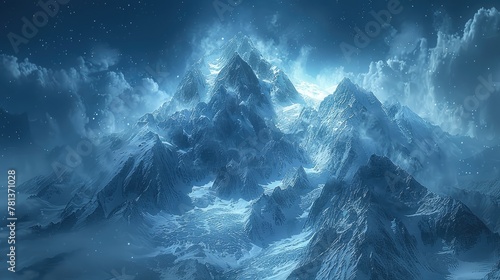 Towering peaks pierced the sky, their rugged edges etched against the backdrop of a cerulean canvas.