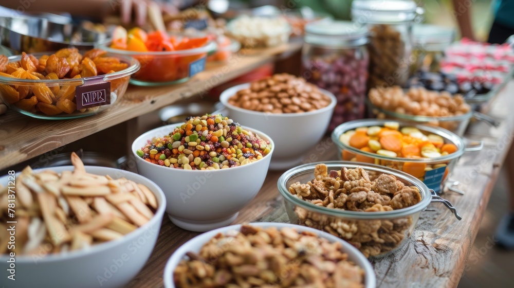 A birthday party with a DIY trail mix bar for guests to mix their own snacks.