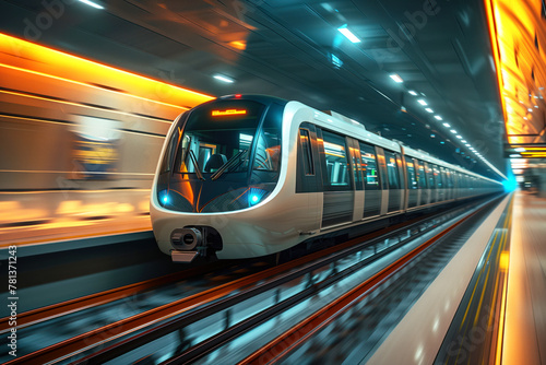 At night, an automotive lighting equipped subway train is rolling through a dark tunnel, powered by electricity on railway tracks.