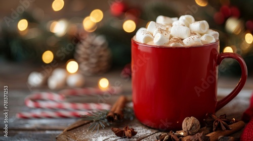 Red mug of hot cocoa with marshmallows, surrounded by Christmas decor and warm lights.