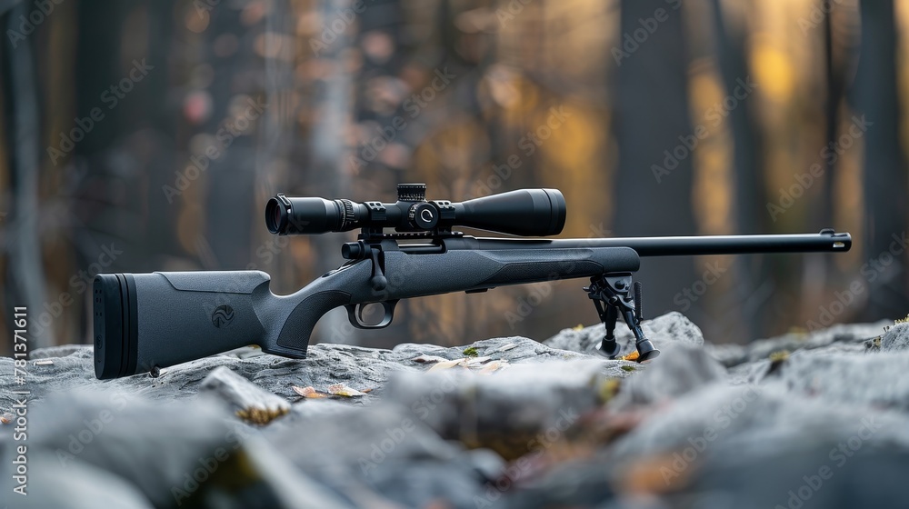 Tactical sniper rifle with high precision scope on rocky terrain amidst ...