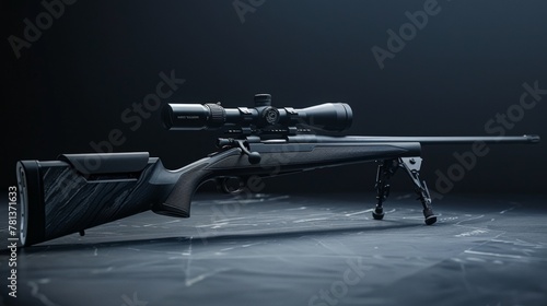 Precision sniper rifle with scope and bipod on dark background highlighting sleek design photo