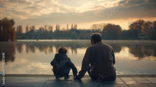 A touching scene of a grandfather and his grandchild sitting by a peaceful lake, enjoying a tranquil sunset together.