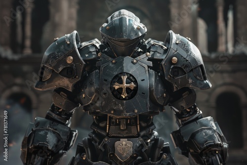 Armored mecha knight standing in an ancient hall, embodying a fusion of medieval and futuristic warfare.