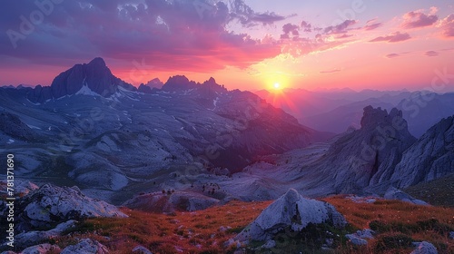 The sun dipped below the horizon, casting a warm glow over the rugged peaks, painting the sky in hues of orange and pink.