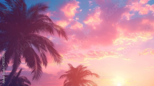 Silhouetted palm trees under a vibrant pink sunset sky, evoking a tranquil tropical evening. © tashechka